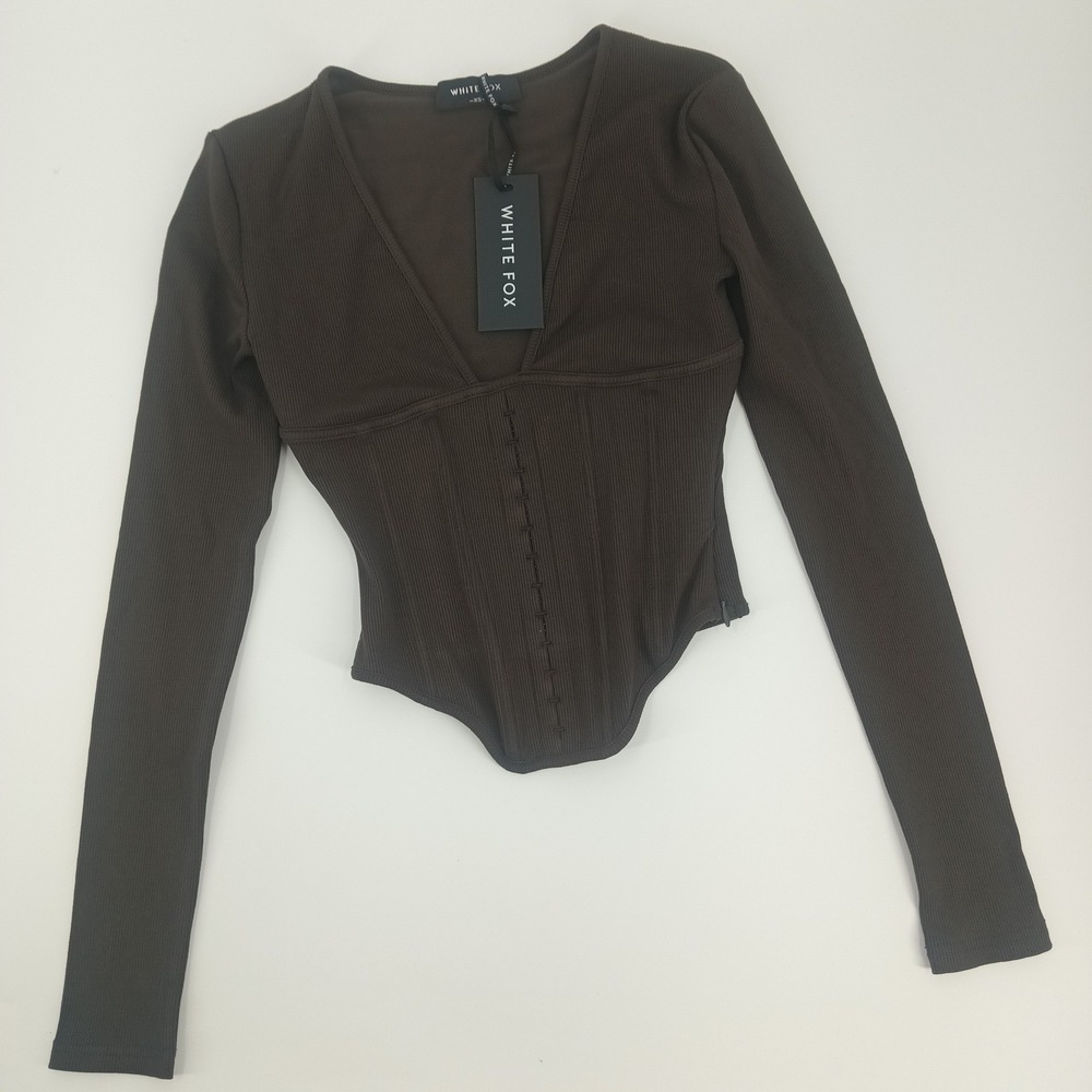 White Fox In Pursuit Long Sleeve Corset Top Chocolate Brown XS WFT1466-3-XS NWT
